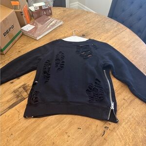 R13 Black Crewneck Sweater with Distressed Design and Zipper